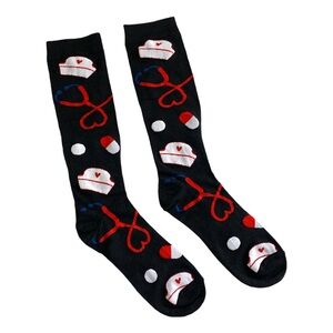 Women’s Novelty Nurse Themed Black Socks Shoe Size 7-9 Healthcare Worker RN